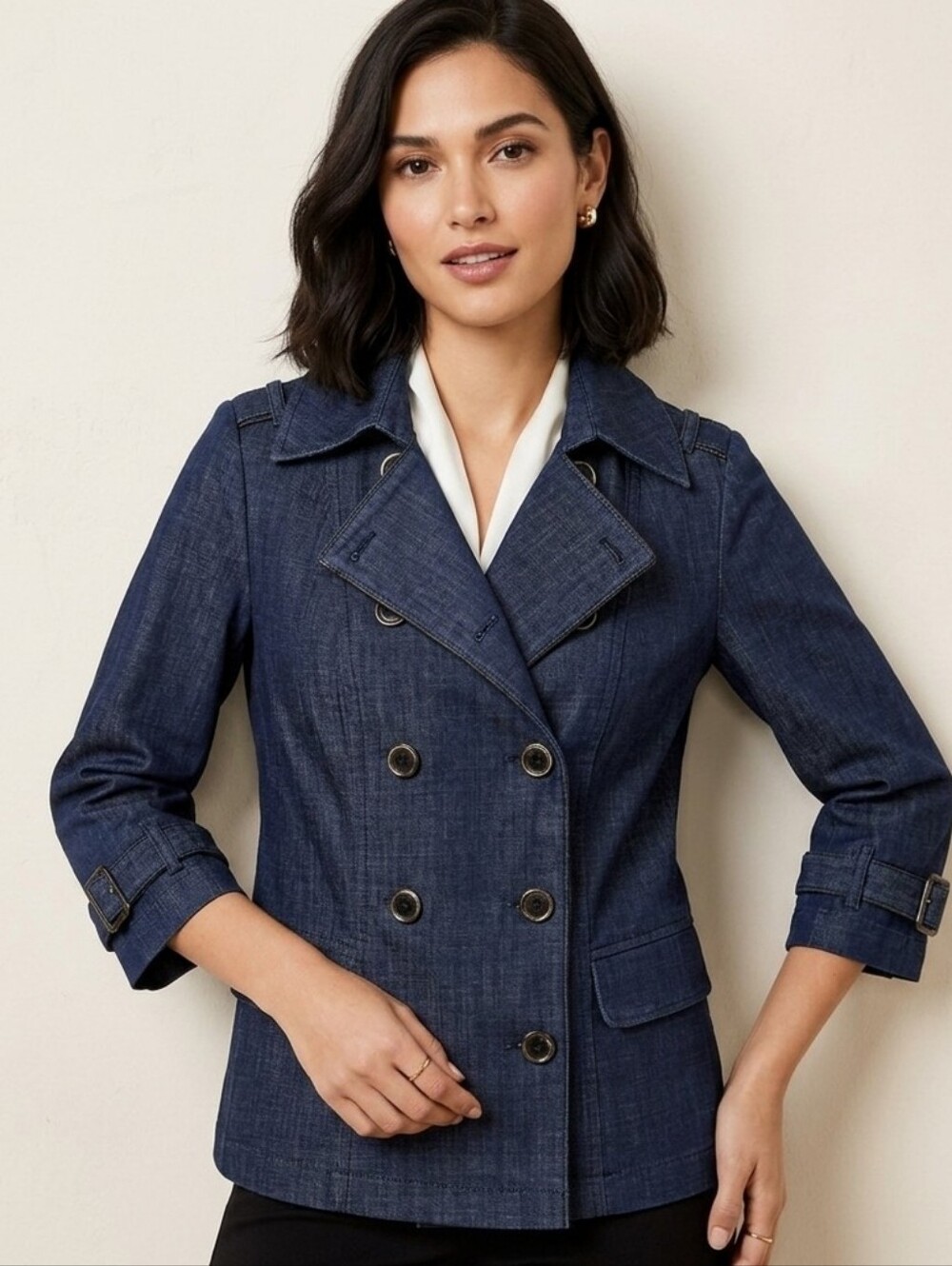 White House Black Market medium blue double breasted denim jacket 8